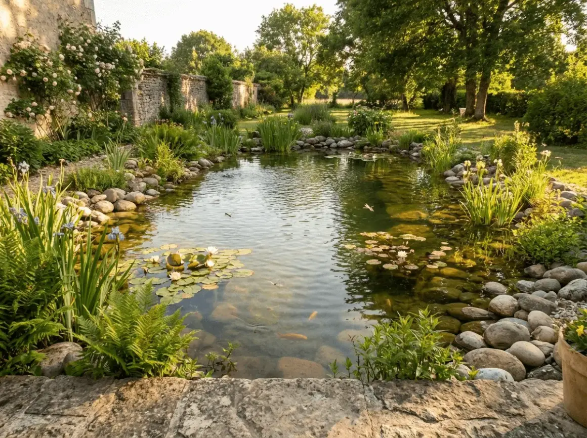 Un paisible bassin naturelle bordé de pierres et de végétation luxuriante, avec des nénuphars et des poissons dorés.