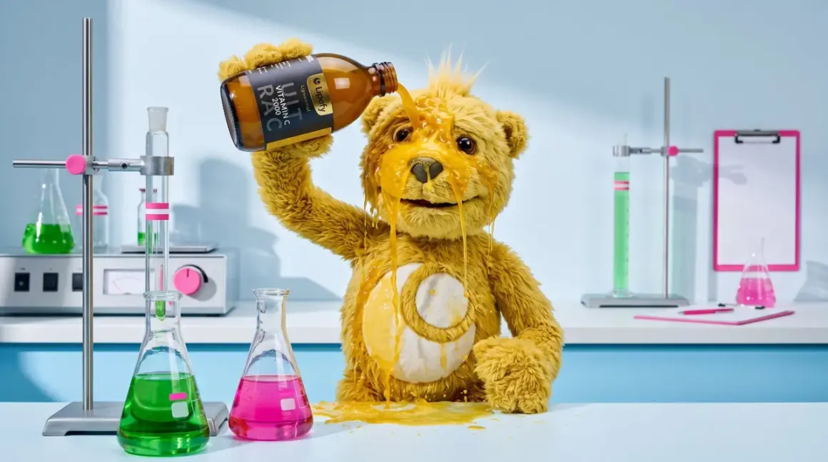 Ein Teddybär kippt eine Flasche Vitamin C über sich. Sieht aus, als hätte er zu viel Vitamin C genommen und nun klebt alles.