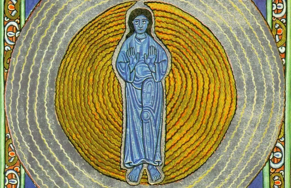 Ilustración de Hildegard von Bingen, con túnica azul, rodeada de círculos concéntricos dorados y grises.