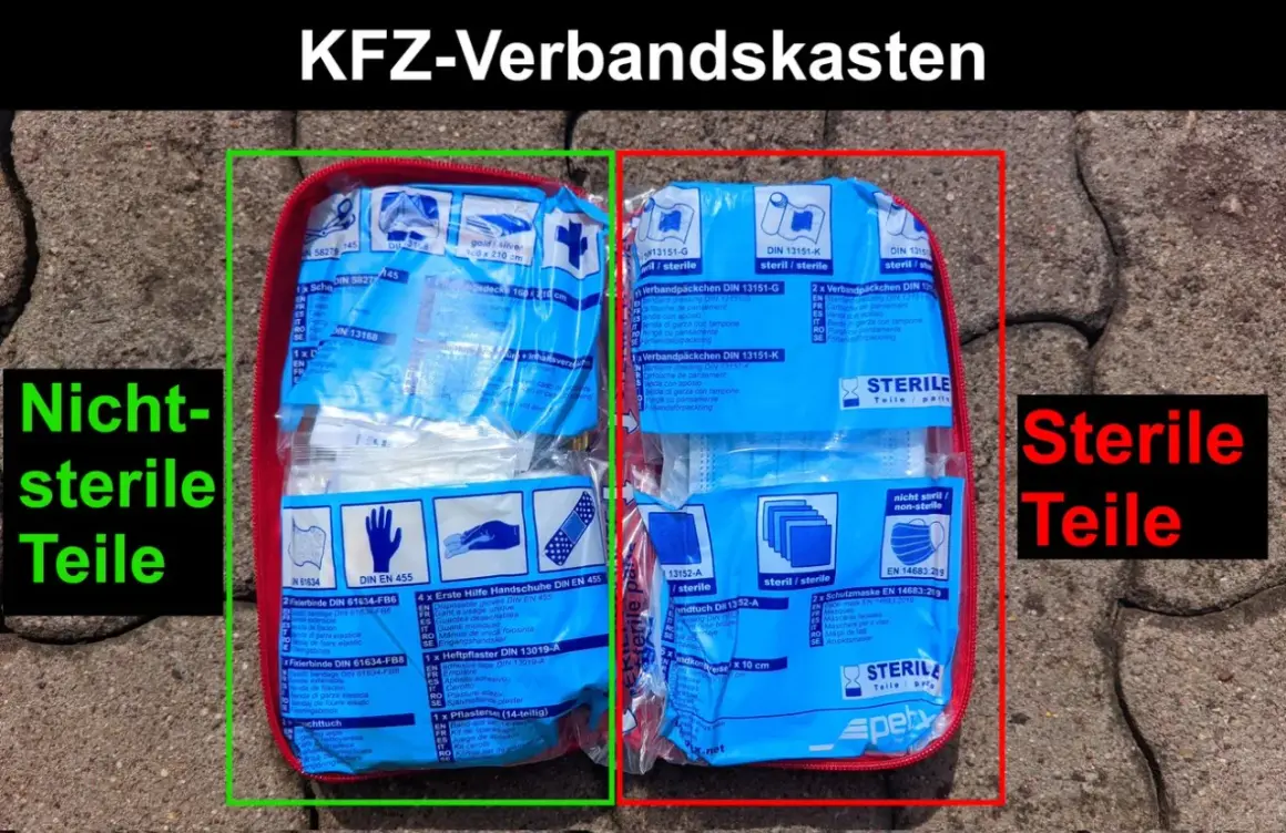 KFZ-Verbandskasten mit abgelaufenem Inhalt: Nicht-sterile Teile links, sterile Teile rechts.