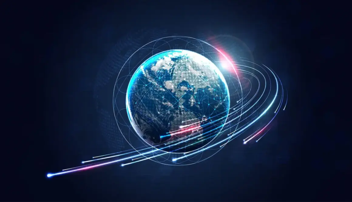 Ziemia otoczona siecią połączeń, symbolizującą globalną komunikację i przepływ danych, jak w protokole tcp.