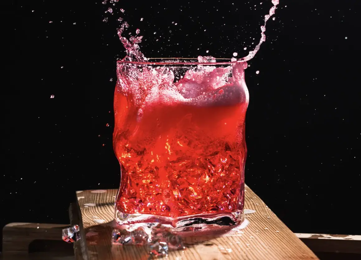 Intensywny drink z wiśniówką w szkle, z rozpryskującym się płynem i lodem.