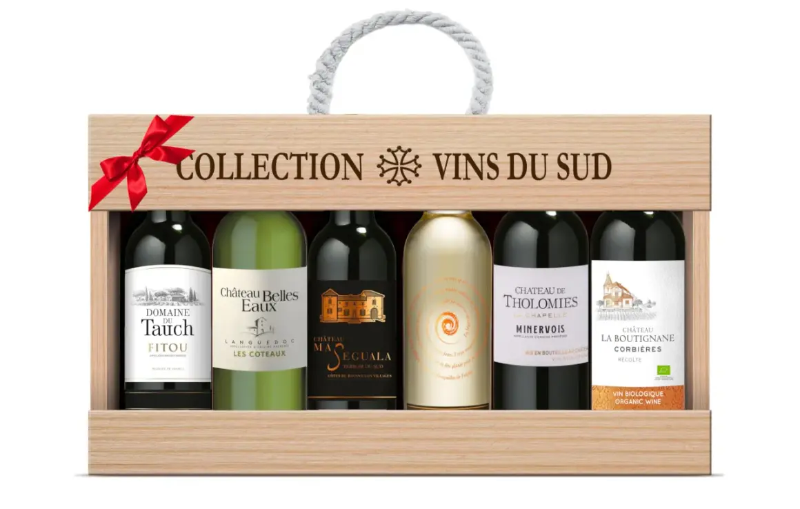 Cofanetto in legno con sei bottiglie di vino, un omaggio alla regione vinicola francese del Sud.