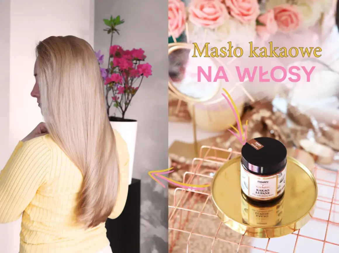 Długie, lśniące włosy i słoiczek z napisem "Masło kakaowe na włosy".