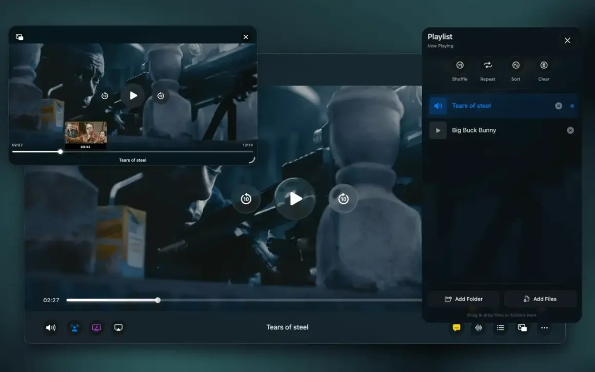A user is watching "Tears of Steel" on 5KPlayer, a media player that appears safe and user-friendly, with a playlist visible.