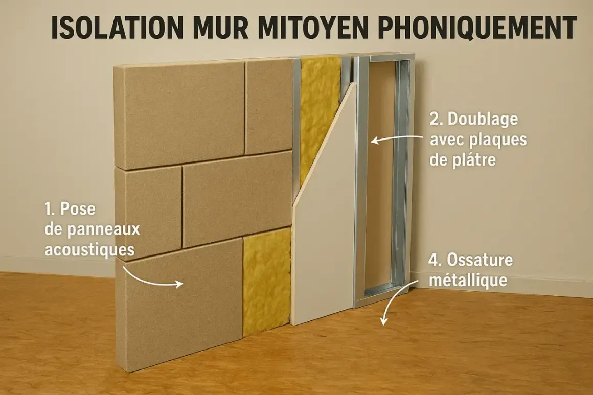 Isolation d'un mur mitoyen : pose de panneaux acoustiques, laine minérale, ossature métallique et plaques de plâtre pour une isolation phonique efficace.
