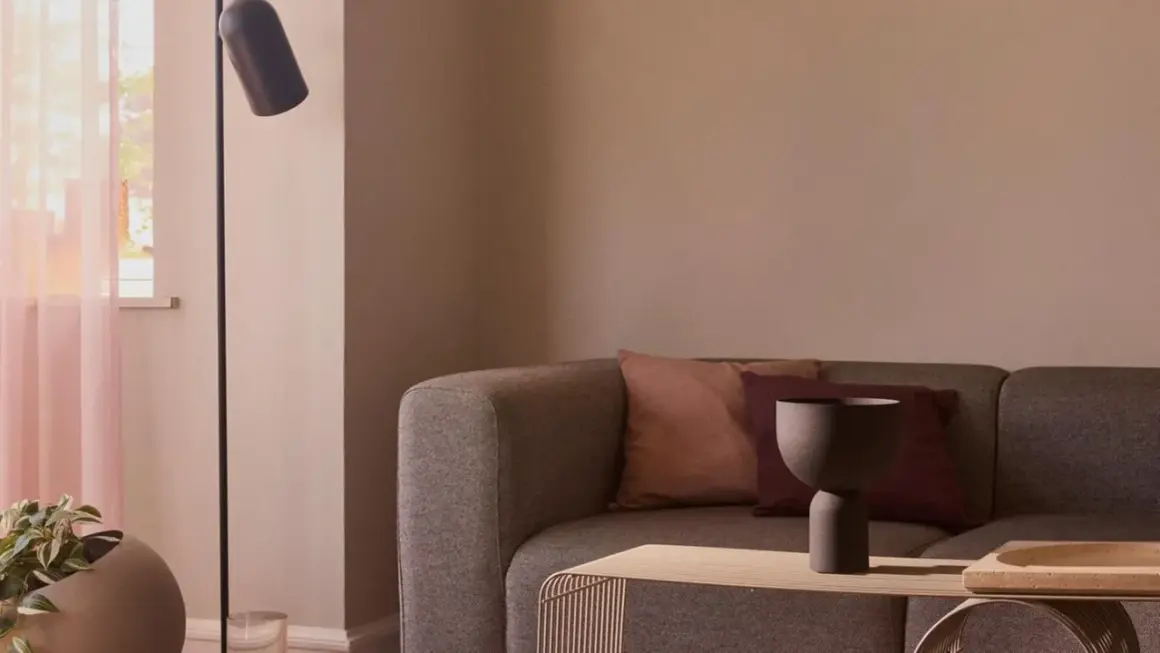 Gemütliches Sofa mit Kissen in mauve farbe, daneben ein moderner Stehlampenfuß und ein Fenster mit zarten Vorhängen.