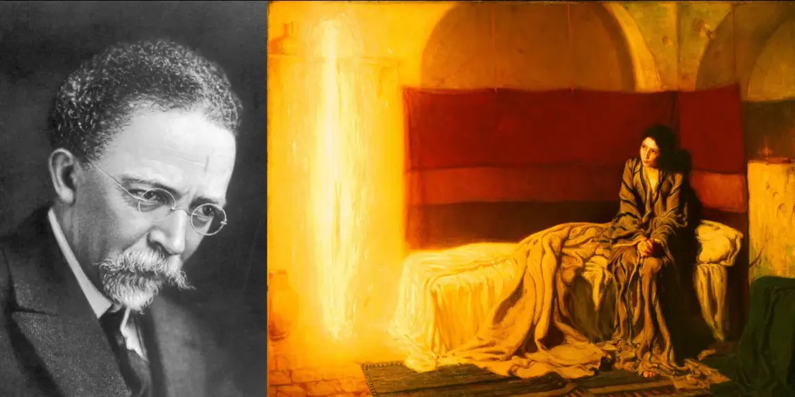 Portrait of Henry Ossawa Tanner, a famous Black artist, beside his painting "The Annunciation," showcasing his mastery of light and emotion.
