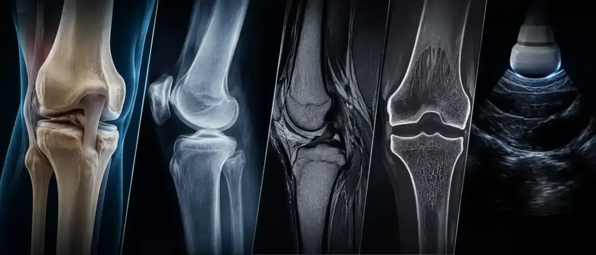 Diverse immagini mediche del ginocchio: anatomia, radiografia, risonanza magnetica ed ecografia per diagnosticare il dolore al ginocchio.