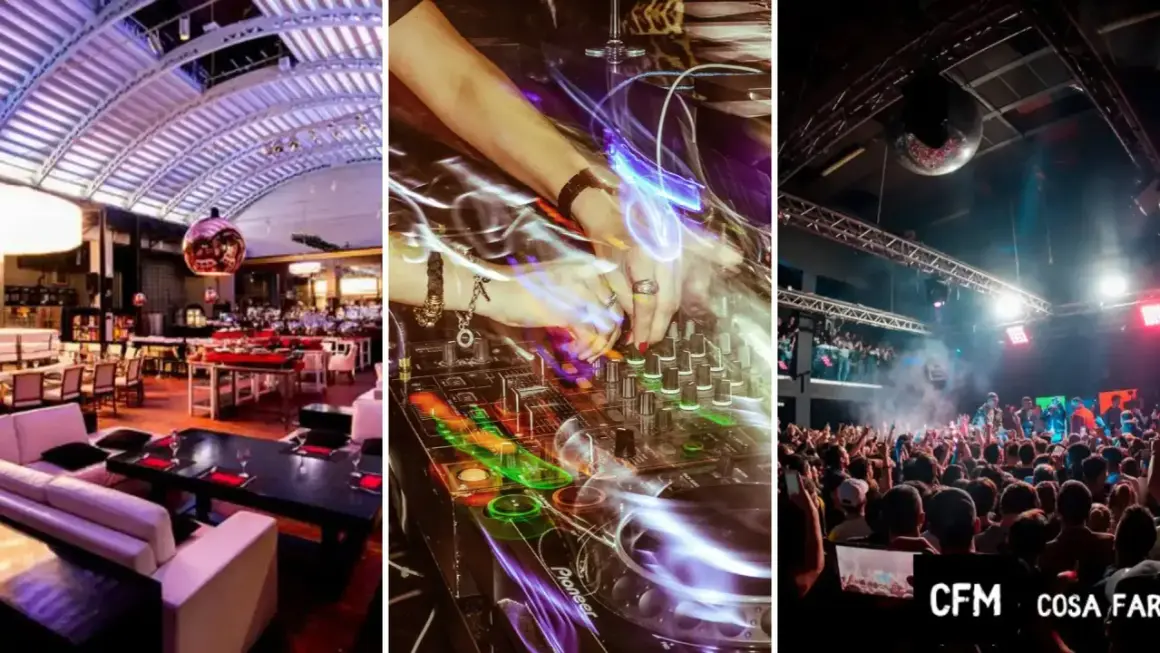Interni di discoteche a Milano: un locale con divani e tavoli, mani di un DJ sui piatti e folla in festa sotto una sfera da discoteca.