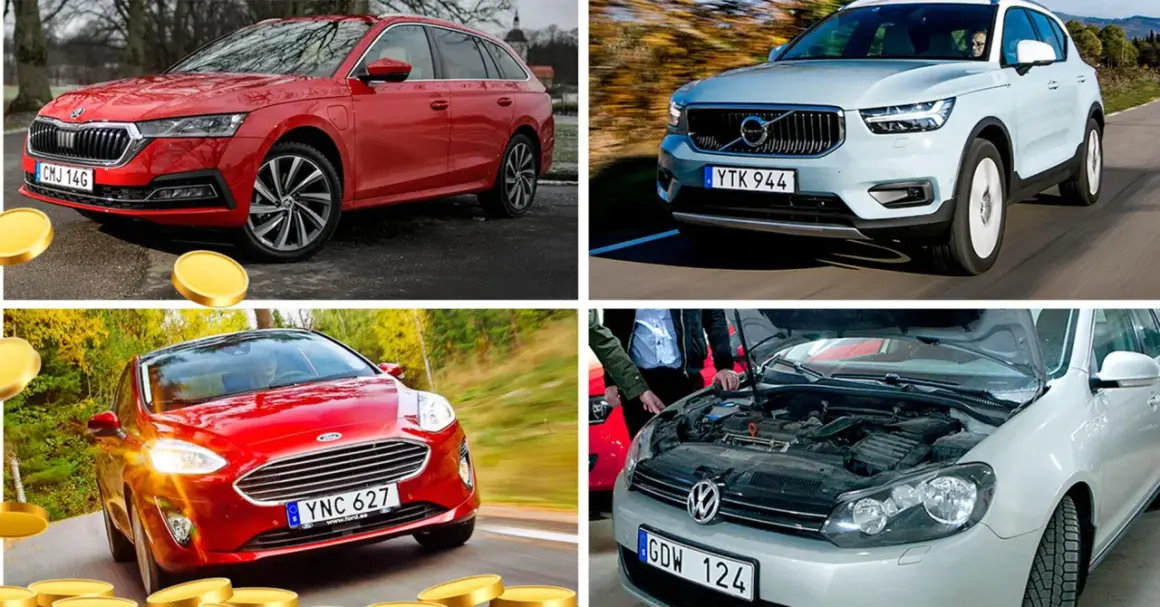 Vilka bilar har kamkedja? En röd Skoda, en ljusblå Volvo, en röd Ford och en vit VW med öppen motorhuv.
