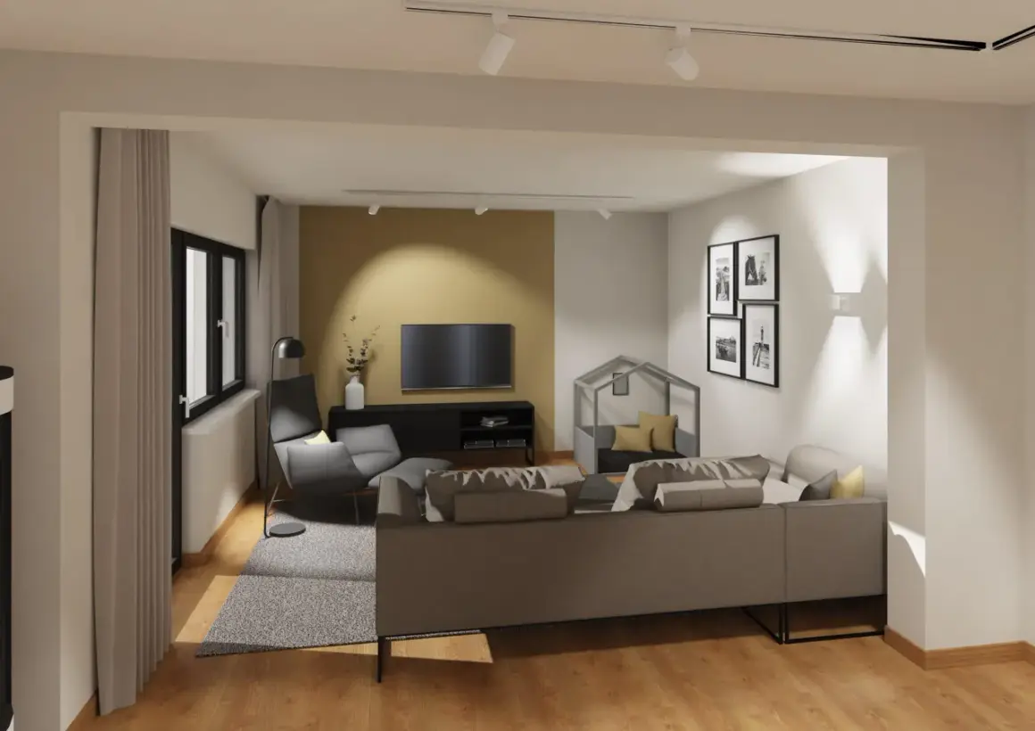 Moderne wohnzimmer anordnung mit grauem Sofa, Sessel, TV und Bilderwand. Ein gemütlicher Rückzugsort.
