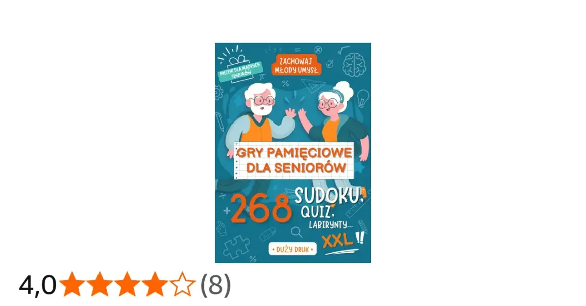 Okładka książki "Gry pamięciowe dla seniorów" z wesołymi postaciami i hasłem "Zachowaj młody umysł".