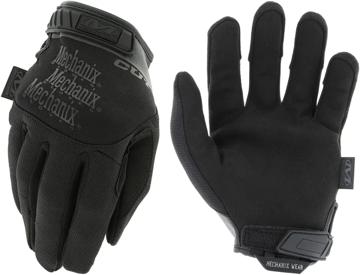 Un par de guantes anticorte Mechanix negros, listos para proteger tus manos en cualquier tarea.