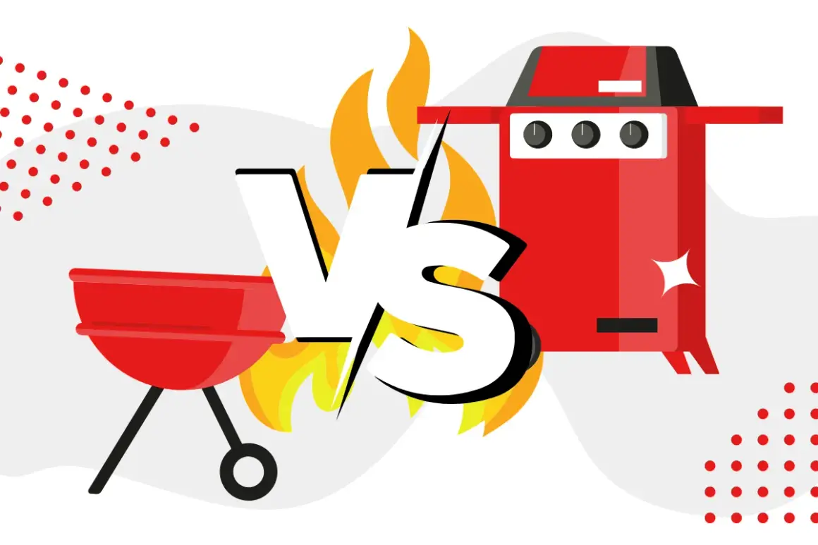 Grill gazowy czy węglowy? Ilustracja porównuje tradycyjny grill węglowy z nowoczesnym grillem gazowym, symbolizując wybór między nimi.