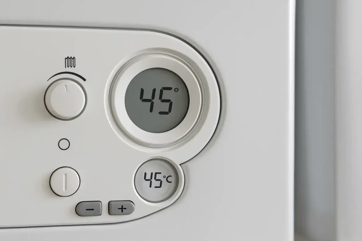 Panel sterowania kotła De Dietrich. Cyfrowy wyświetlacz pokazuje 45°C. Pokrętło i przyciski do regulacji ogrzewania.