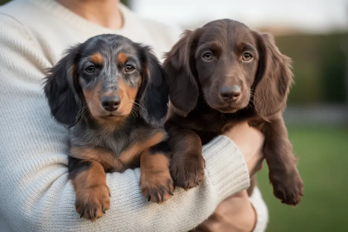 Dos cachorros teckel medianos, uno merle y otro marrón, son sostenidos en brazos.