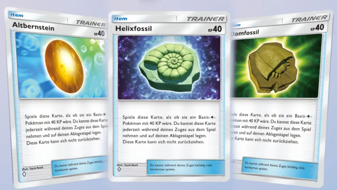 Drei Pokémon-Itemkarten: Altbernstein, Helixfossil und Domfossil. Jede Karte zeigt ein Fossil und kann als Basis-Pokémon mit 40 KP gespielt werden.