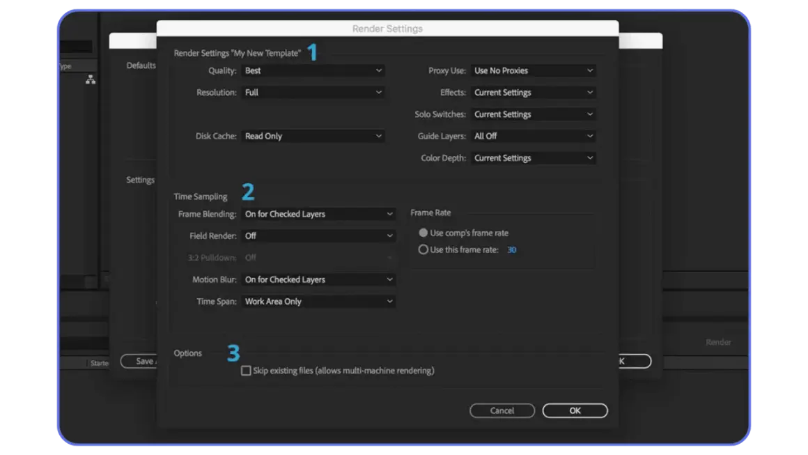 After Effects render settings: Quality, Resolution, Disk Cache, Time Sampling, Frame Rate, and Options. Learn how to render in After Effects.