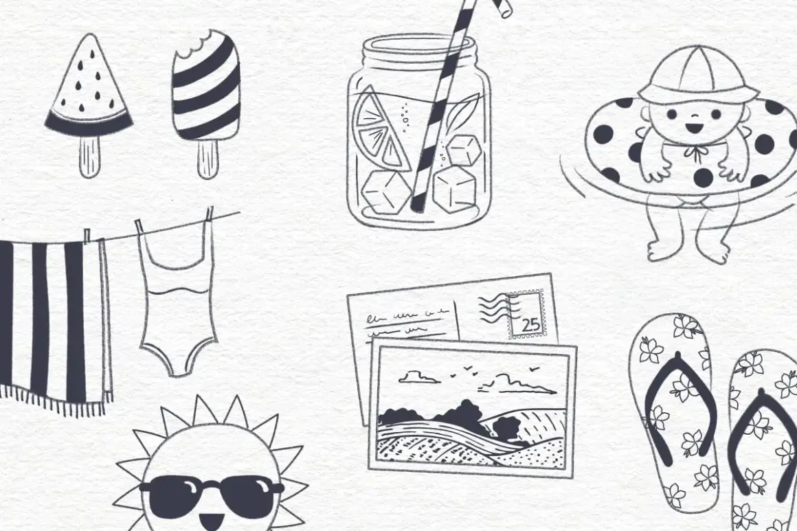 Un dibujo de verano con helados, toalla, bañador, sol con gafas, jarra de limonada, bebé en flotador, postales y chanclas.
