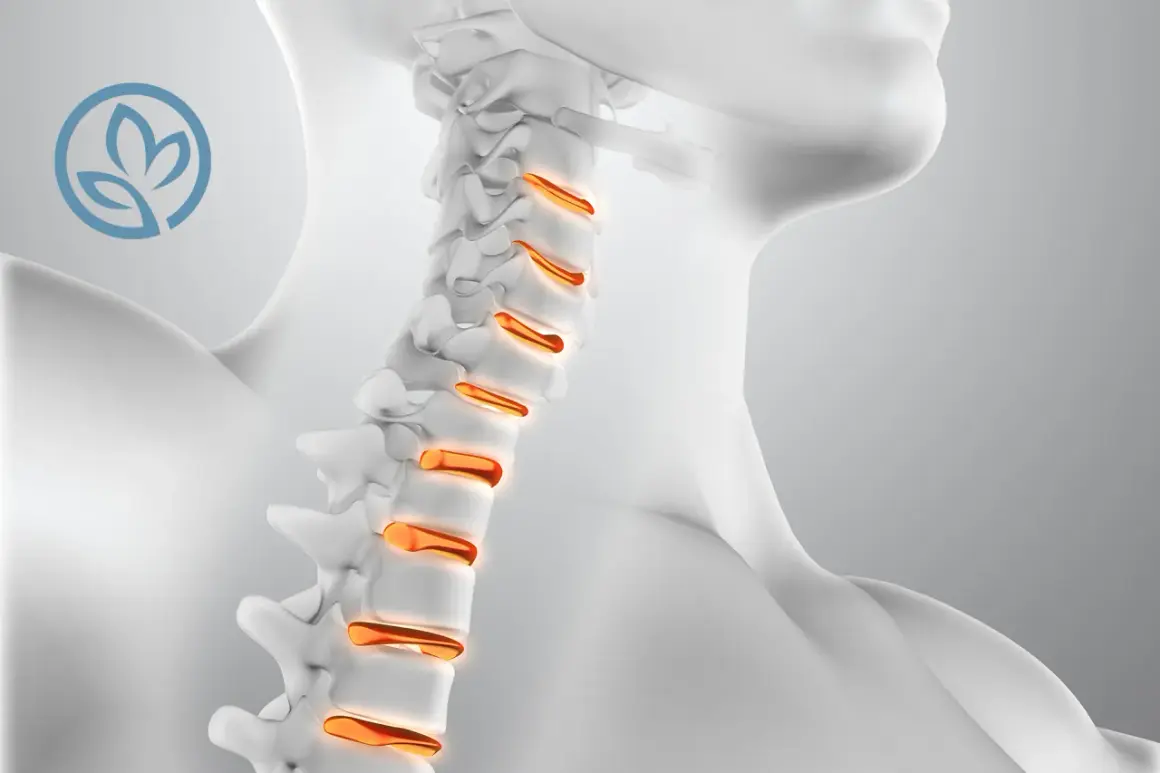 Dettaglio della curvatura cervicale con vertebre evidenziate in arancione.