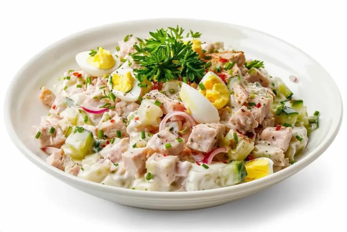 Ein cremiger Thunfischsalat mit Eiern, Gurken und Zwiebeln, garniert mit Petersilie und Schnittlauch.