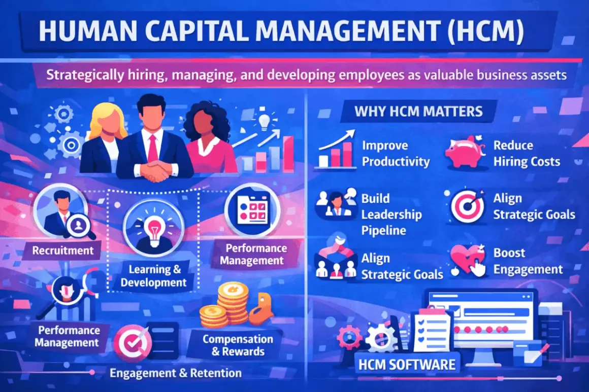 Was ist HCM? Die Grafik erklärt Human Capital Management: strategische Mitarbeitergewinnung, -verwaltung und -entwicklung zur Steigerung von Produktivität und Engagement.