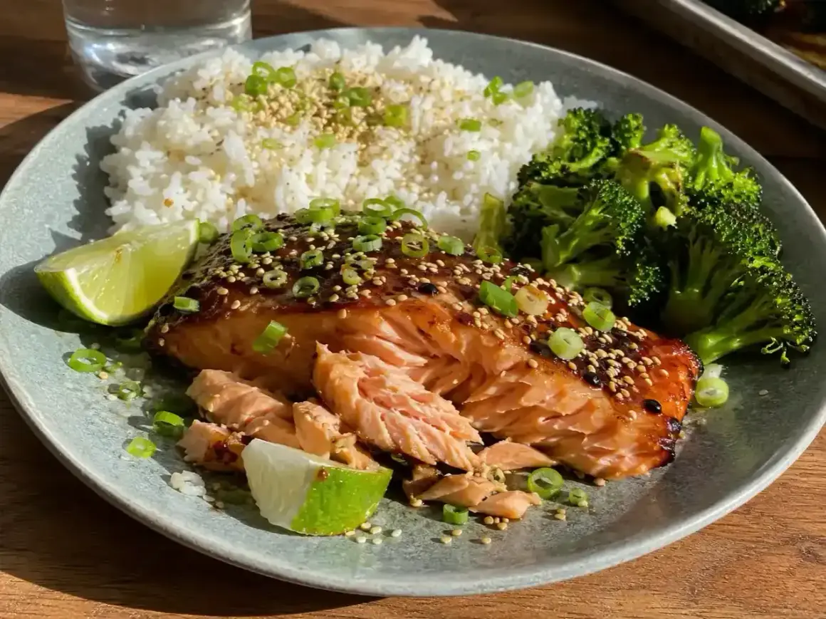 En läcker tallrik med asiatisk lax i ugn, serverad med ris, broccoli och limeklyftor.