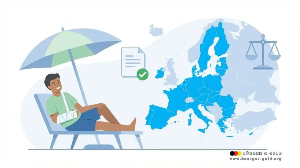 Mann mit Armschlinge entspannt am Strand. Krankengeld-Urlaub im Nicht-EU-Ausland? Eine Waage symbolisiert rechtliche Fragen.