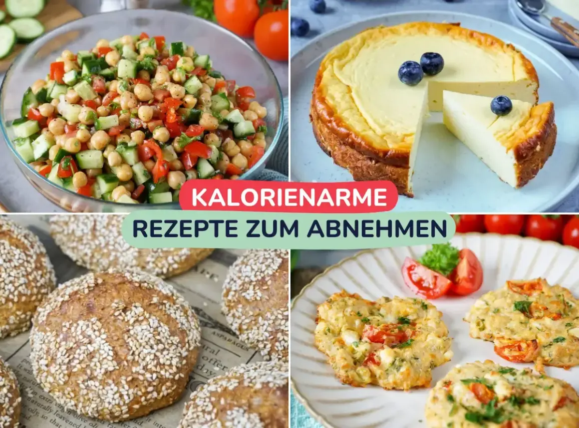 Vier Bilder zeigen gesunde Gerichte: Kichererbsen-Salat, Käsekuchen, Vollkornbrötchen und herzhafte Muffins. Perfekt für ein kalorienarmes Abendessen zum Abnehmen.