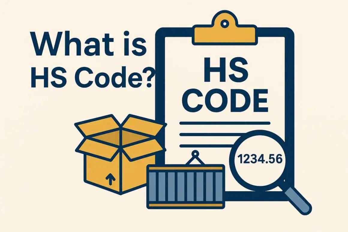 Kartonowe pudełko, kontener i lupa z numerem 1234.56 obok dokumentu z napisem HS CODE. To wszystko wyjaśnia, czym jest kod HS.