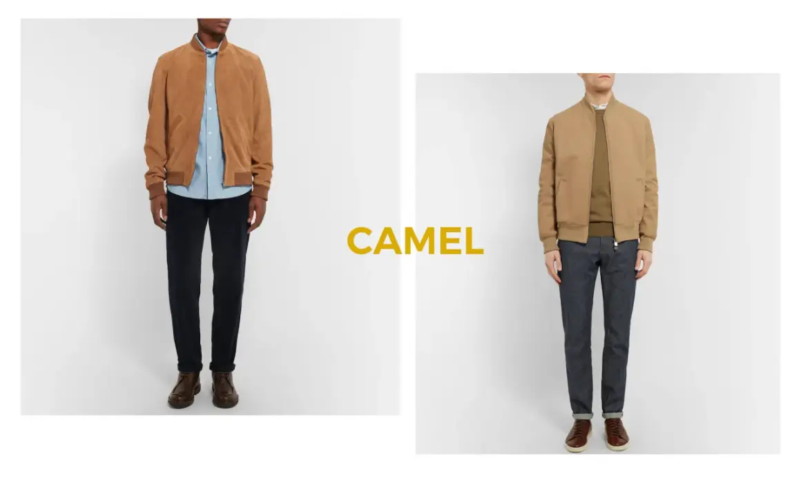 Deux looks masculins : un blouson camel avec pantalon bleu marine, et un autre blouson camel avec jean brut.