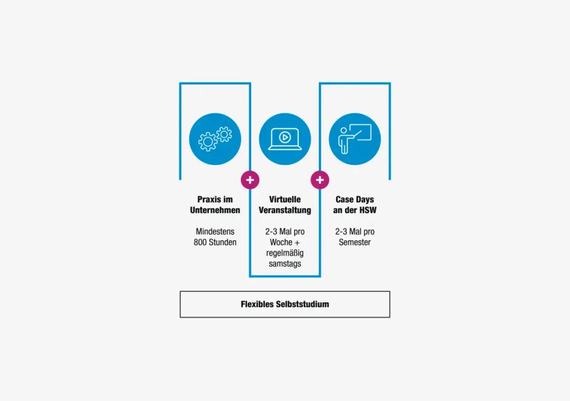 Infografik zeigt Elemente eines berufsbegleitenden Studiums Bachelor: Praxis, virtuelle Veranstaltungen und Case Days. Flexibles Selbststudium ist hervorgehoben.