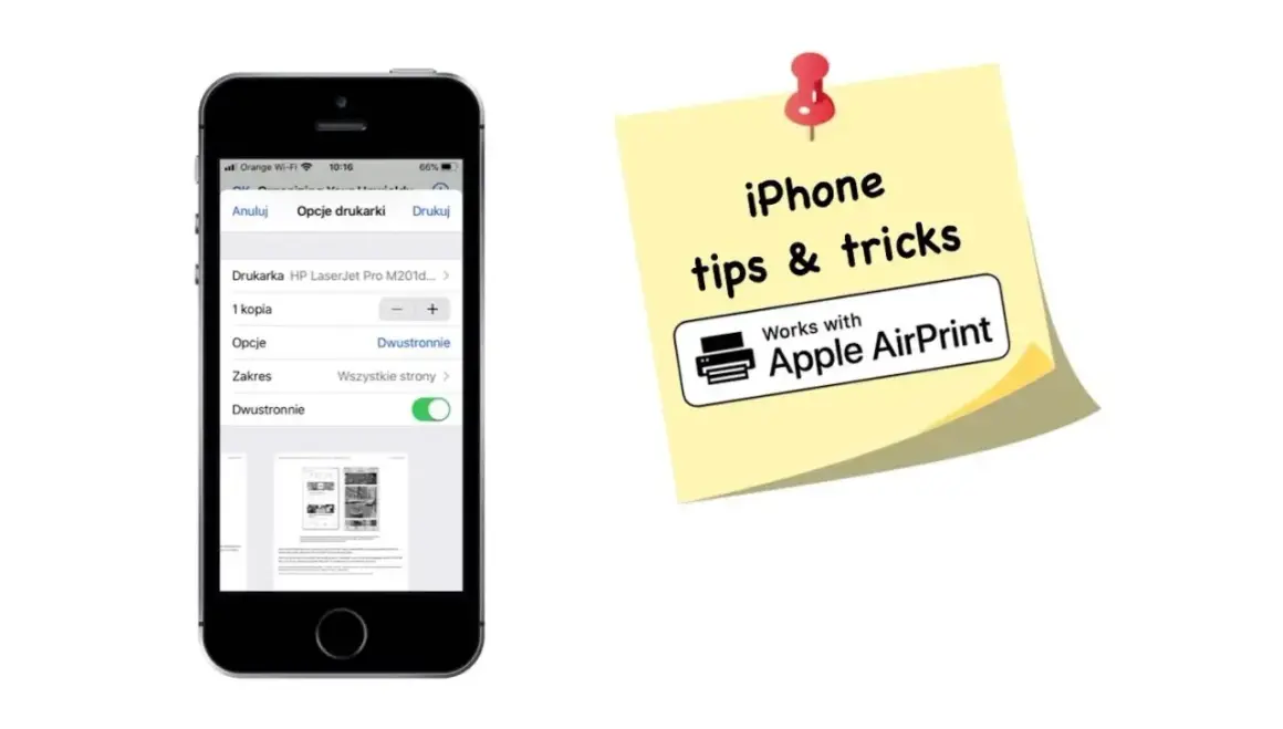 Jak wydrukowac dokument z iPhone? Ekran telefonu pokazuje opcje drukowania, w tym wybór drukarki i ustawienia dwustronne. Obok żółta kartka z napisem "iPhone tips & tricks" i logo Apple AirPrint.