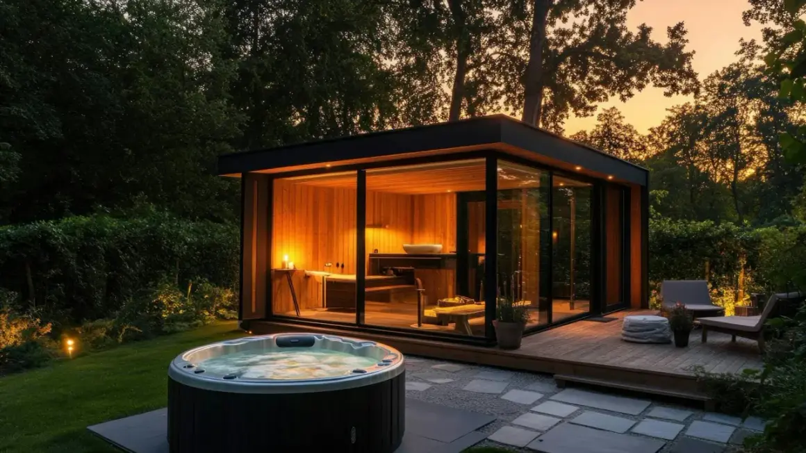 Nowoczesna budowa sauny z przeszklonymi ścianami, obok jacuzzi, w otoczeniu zieleni o zachodzie słońca.