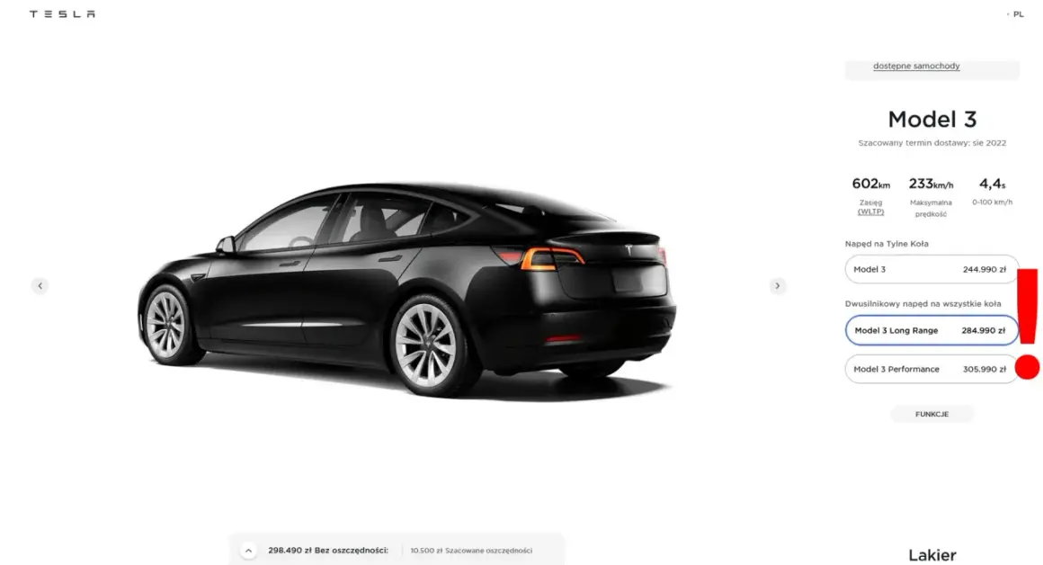 Czarny Tesla Model 3 Long Range kosztuje 284.990 zł. Sprawdź, ile kosztuje samochód Tesla.