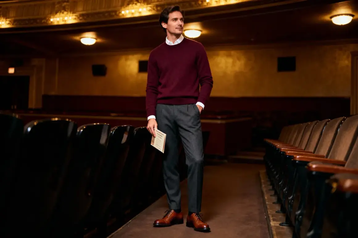 Uomo elegante in maglione bordeaux e pantaloni grigi, pronto per andare a teatro. Un esempio di come vestirsi per andare a teatro con stile.