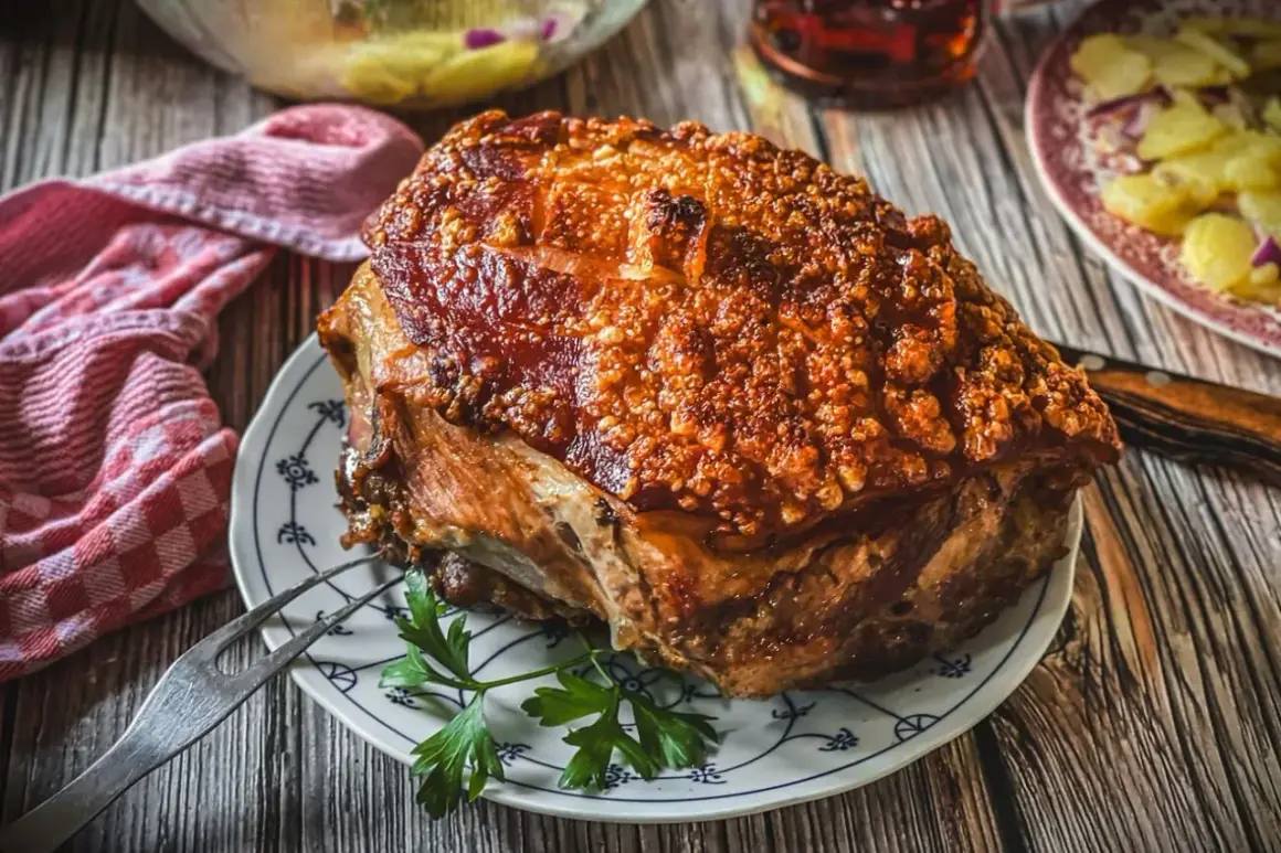 Knuspriger Schweinebraten mit goldbrauner Kruste, perfekt für ein deftiges Schweinebraten Rezept. Dazu gibt es Kartoffelsalat.