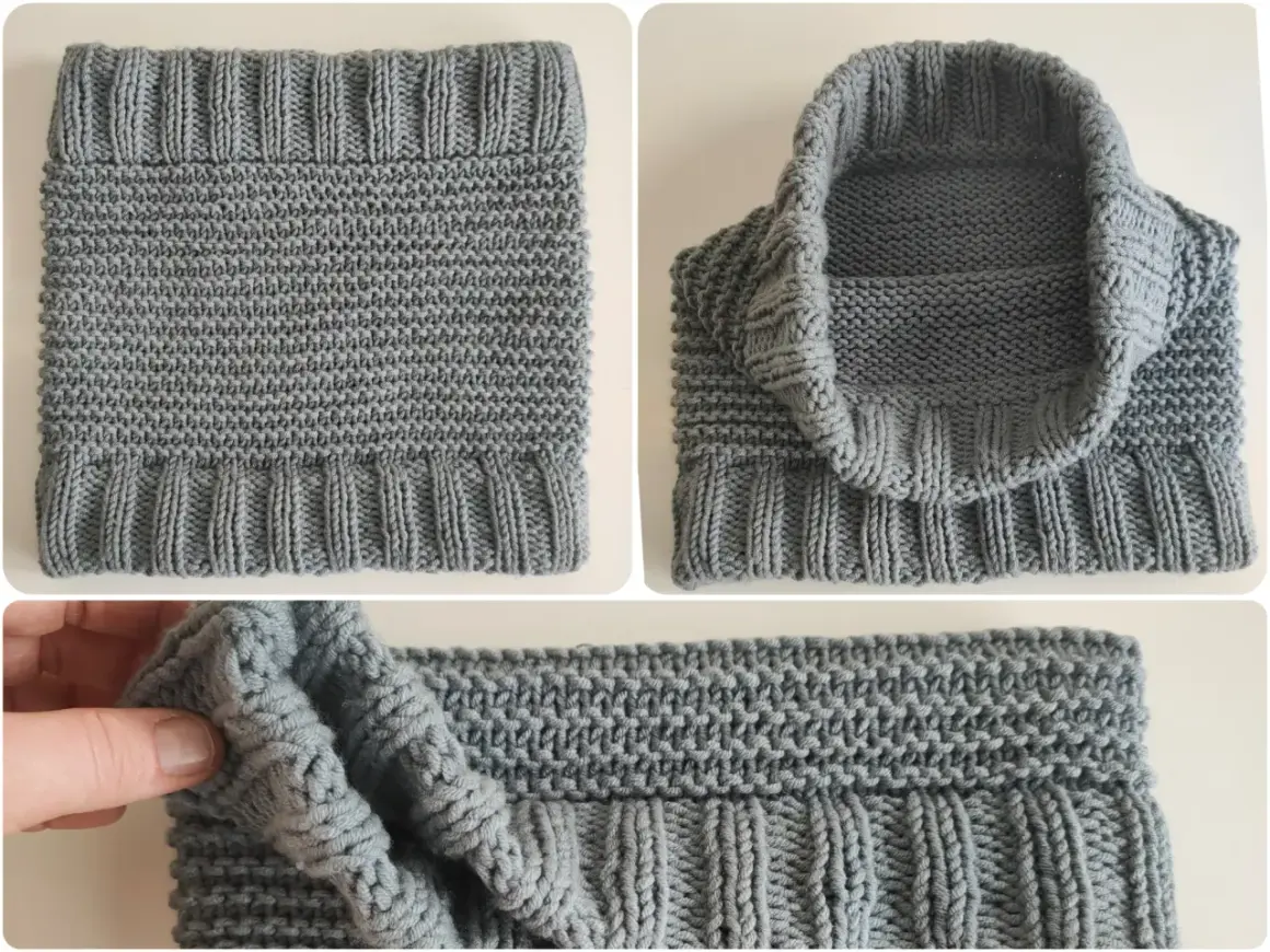 Dettagli di un scaldacollo grigio lavorato a maglia, con diverse texture. Ideale per misurare le dimensioni di un scaldacollo uncinetto fai da te.