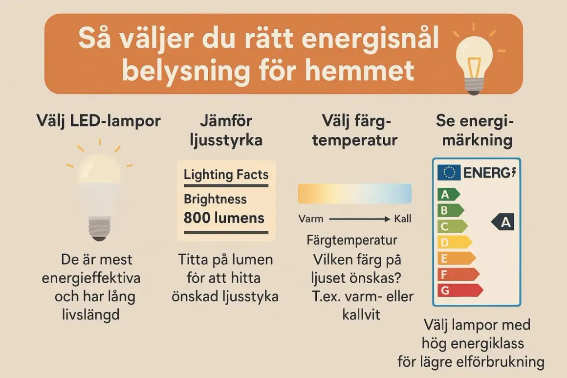 Välj en energisnål lampa: LED är effektivt. Jämför ljusstyrka (lumen), färgtemperatur och energimärkning (A är bäst).
