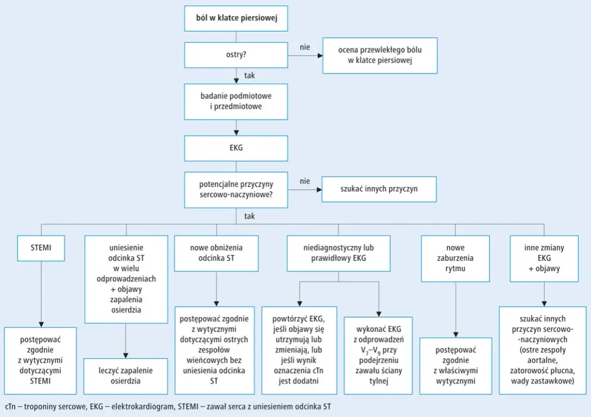 Schemat diagnostyczny bólu w klatce piersiowej, uwzględniający STEMI (zawał serca z uniesieniem odcinka ST) i inne przyczyny.