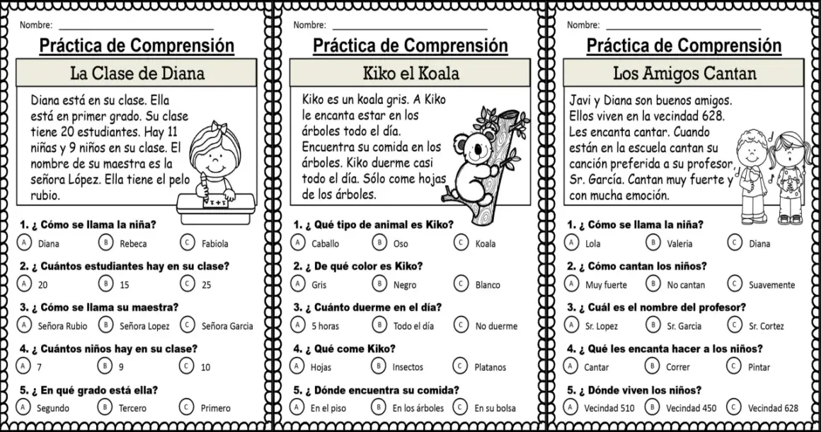 Hojas de comprensión lectora para practicar la lectura y el entendimiento de textos.