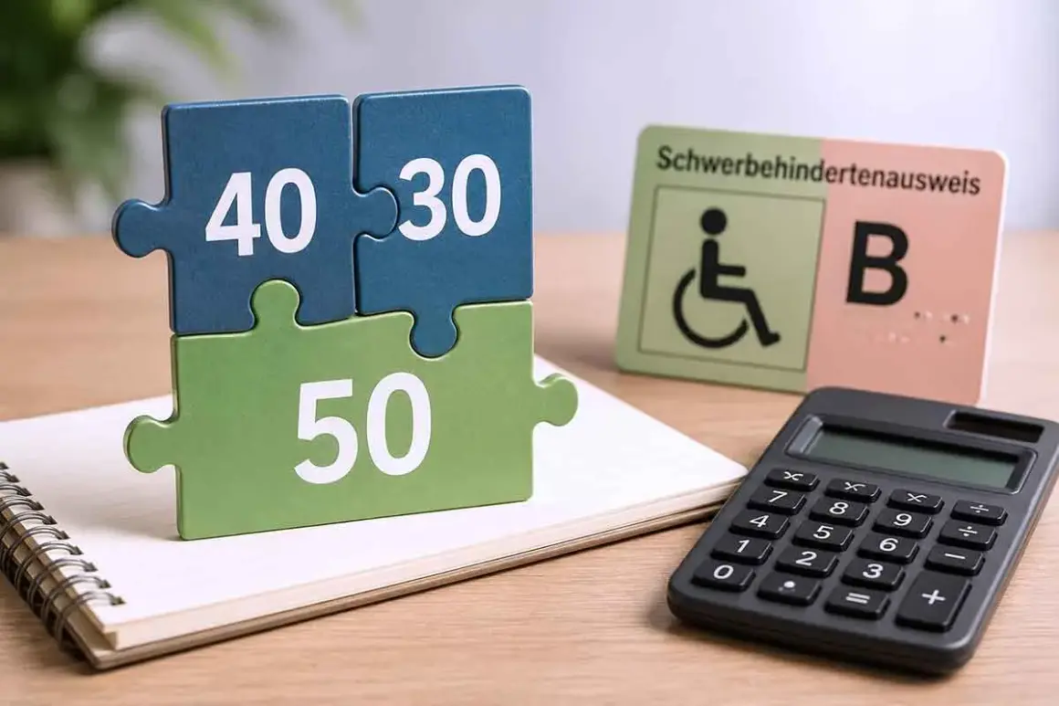 Puzzle-Teile mit Zahlen 40, 30, 50 und ein Schwerbehindertenausweis deuten auf die Berechnung GDB mehrerer Krankheiten hin.