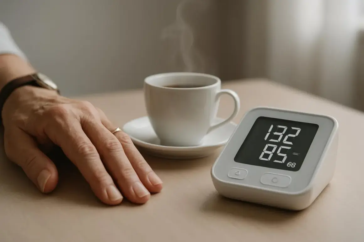 Mano con anello, tazza di caffè fumante e misuratore di pressione. Il caffè abbassa pressione? Forse, ma la misurazione è 132/85.