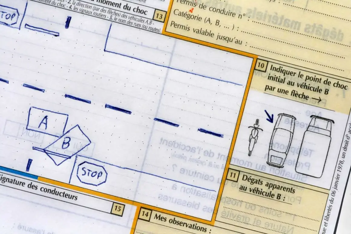 Exemple croquis constat d'accident : un stop, des véhicules A et B, et une flèche indiquant le point de choc.