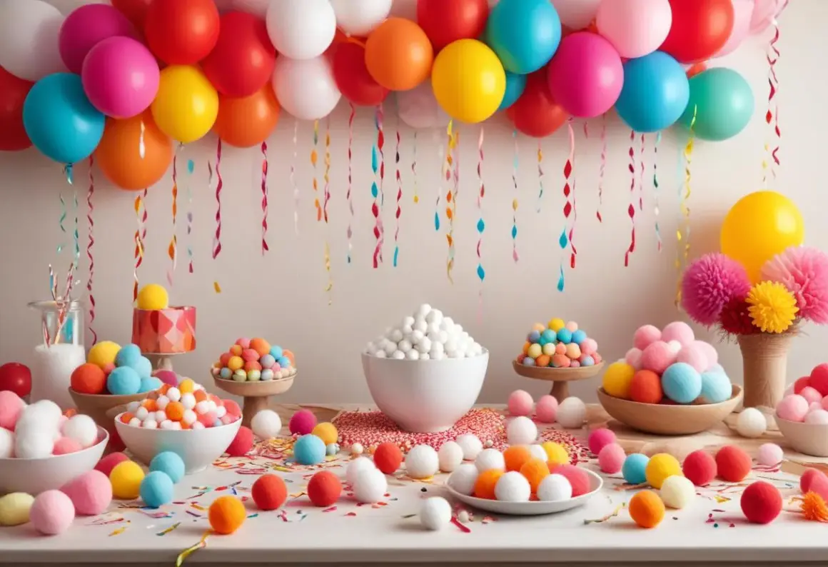 Färgglada ballonger och konfetti skapar en festlig stämning. Bordet är fyllt med sötsaker och bollar i olika färger, perfekta för roliga smaktester.