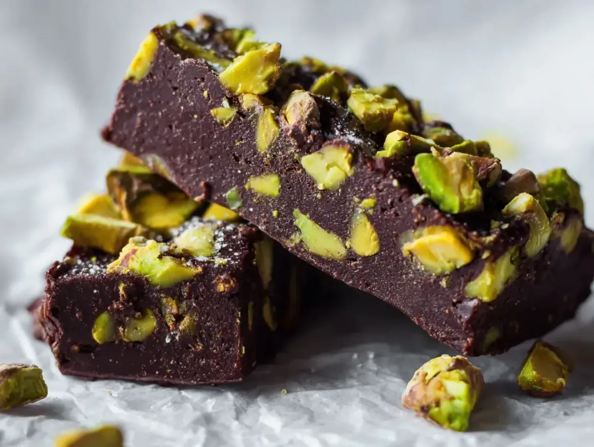 Mörk choklad fudge med pistagenötter, perfekt för ett dubai choklad recept.