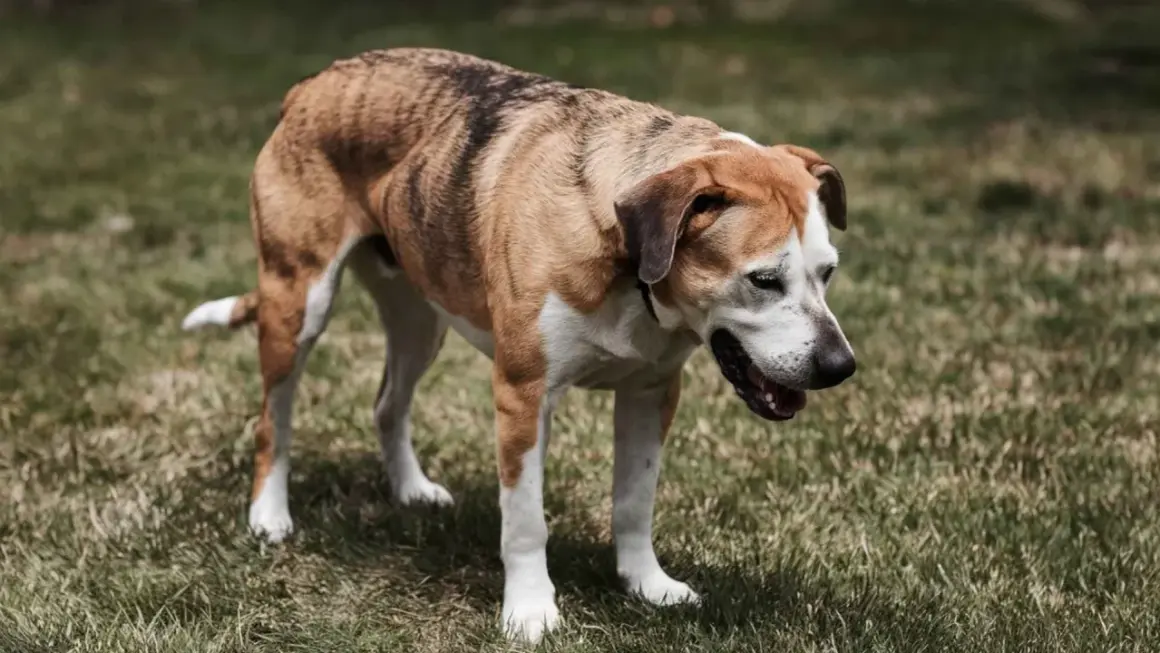 Perro de pelaje atigrado y blanco, con la boca abierta, parece que mi perro tose como si tuviera algo en la garganta.