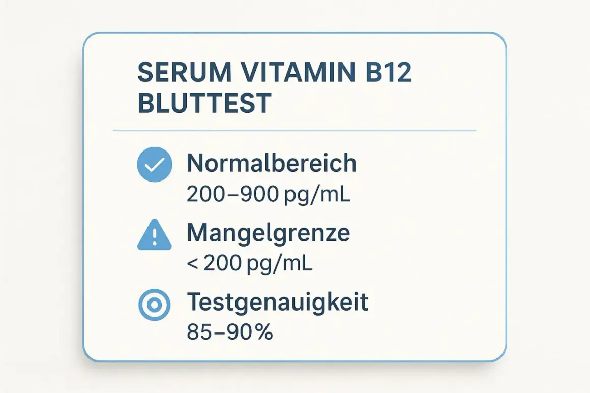 Serum Vitamin B12 Bluttest: Normalbereich 200-900 pg/mL. Mangelgrenze < 200 pg/mL. Zu viel Vitamin B12 Symptome sind selten, aber ein Mangel kann zu neurologischen Problemen führen.