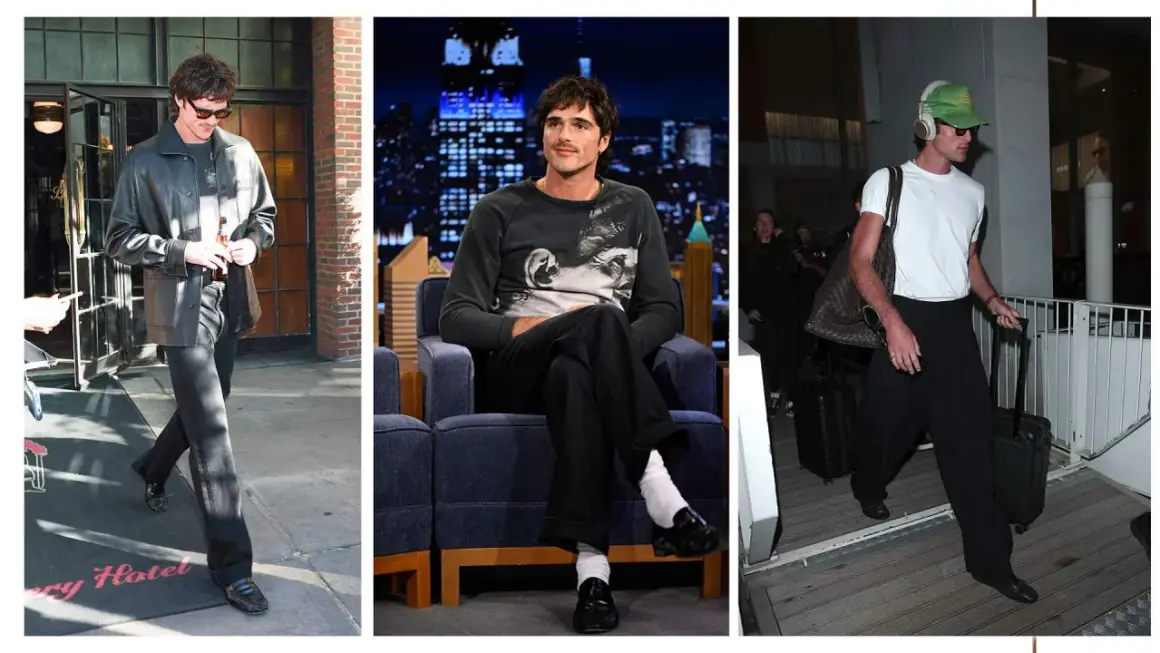 Jacob Elordi físico: tres looks del actor. Uno con chaqueta de cuero, otro en un programa de TV y uno más viajando con equipaje.